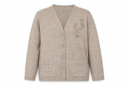 Front view of Cane women’s beige v-neck acrylic cardigan jumper, size M