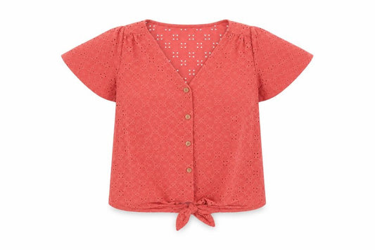 Front view of Oasis women’s orange geometric polyester basic button-up, size XS, v-neck - tie front