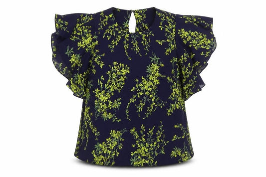 Front view of Warehouse women’s blue floral polyester basic blouse, size UK 10, round neck