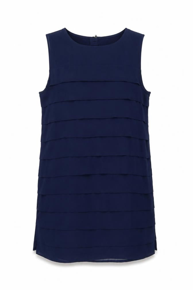 Front view of H&M women’s blue polyester shift, size UK 12, boat neck zip