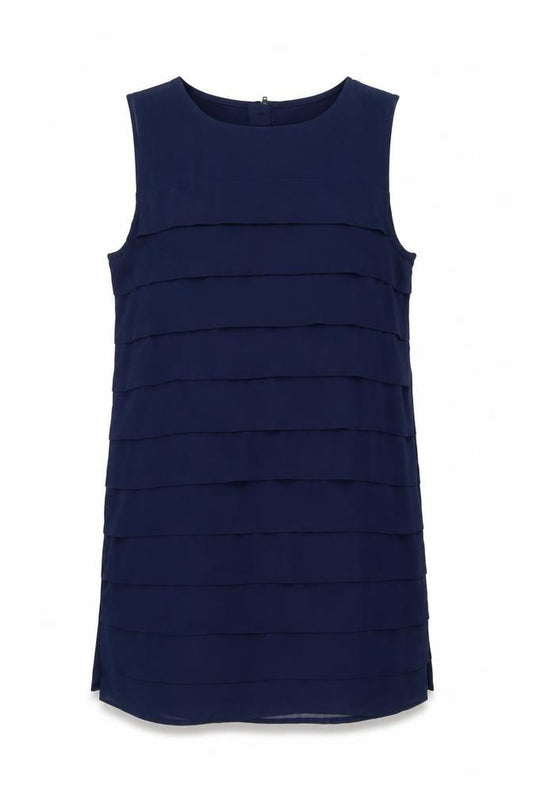 Front view of H&M women’s blue polyester shift, size UK 12, boat neck zip
