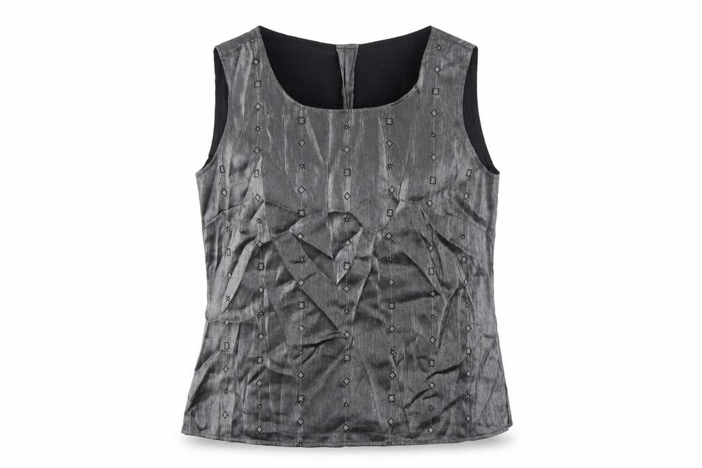 Front view of Platinum women’s silver geometric viscose basic tank, size UK 16, boat neck