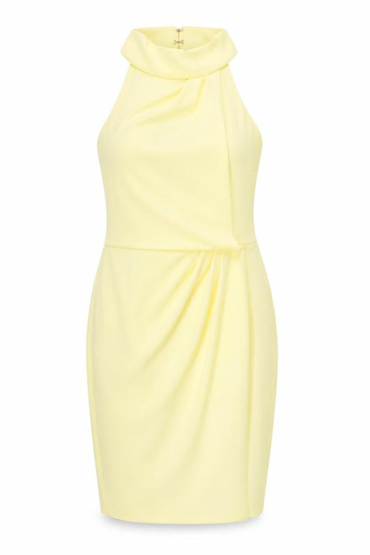 Front view of ASOS women’s yellow polyester pencil dress, size UK 12, halter hook & eye