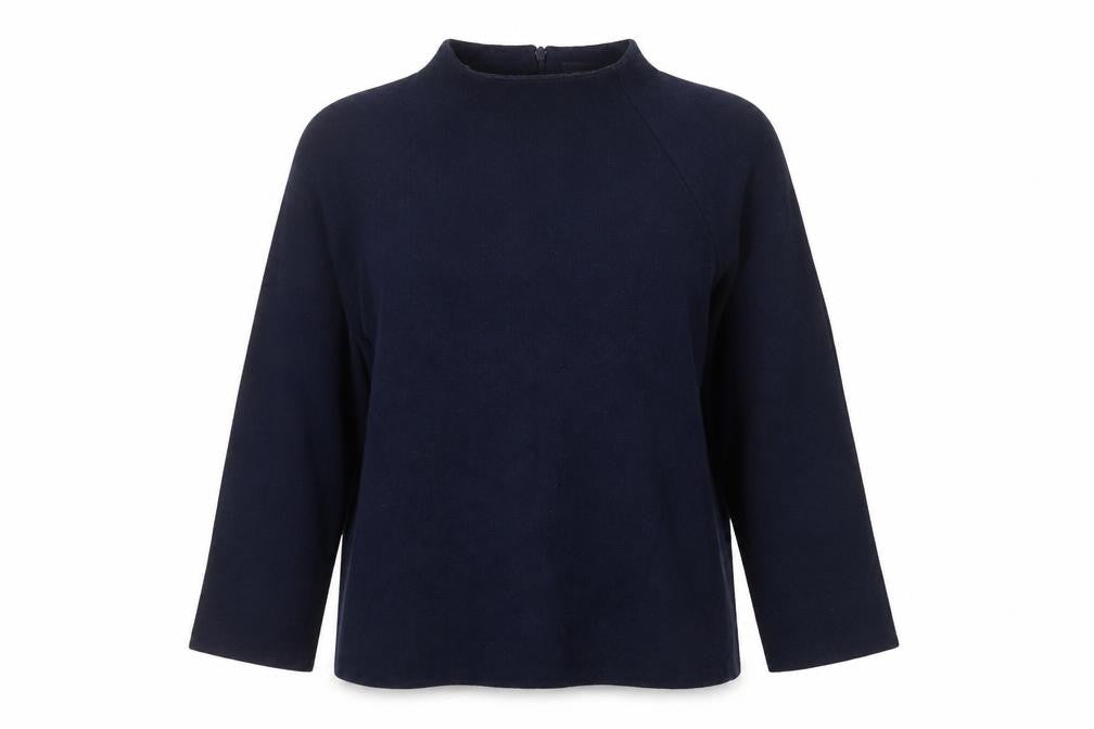 Front view of Marks & Spencer women’s blue high neck polyester jumper, size UK 12