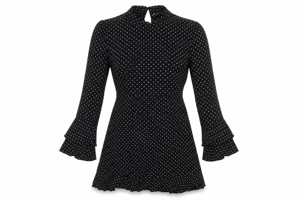 Zara Womens Black Polka Dot Viscose Fit & Flare Size S Mock Neck Zip