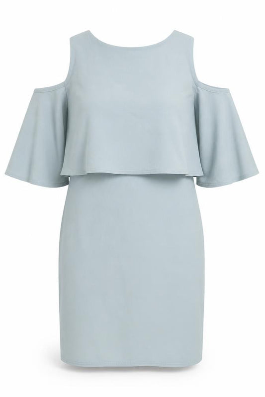Front view of Boohoo women’s grey polyester pencil dress, size UK 8, boat neck pullover - cold shoulder
