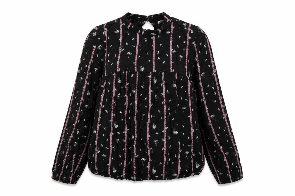 Front view of H&M women’s black floral viscose basic blouse, size UK 6, round neck - love