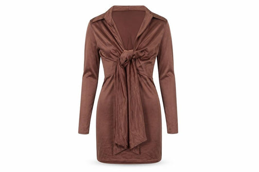 Front view of ASOS women’s brown polyester mini, size UK 10, collared pullover