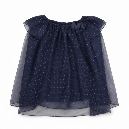 Front view of Zara girls’ blue polka dot polyester basic t-shirt, size 5-6, years round neck button