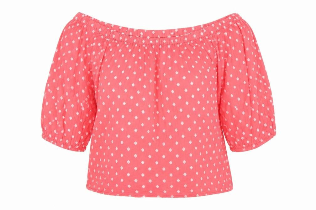 Front view of H&M women’s pink geometric cotton basic blouse, size UK 14, off the shoulder
