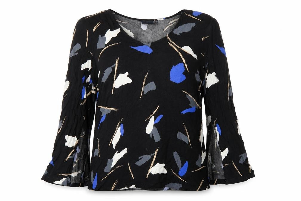 Front view of I.scenery women’s black geometric viscose basic blouse, size UK 12, round neck