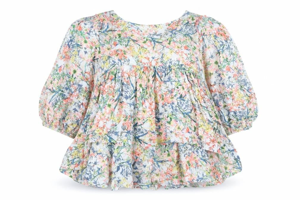 Front view of Cerulean women’s multicoloured floral viscose basic blouse, size S, boat neck