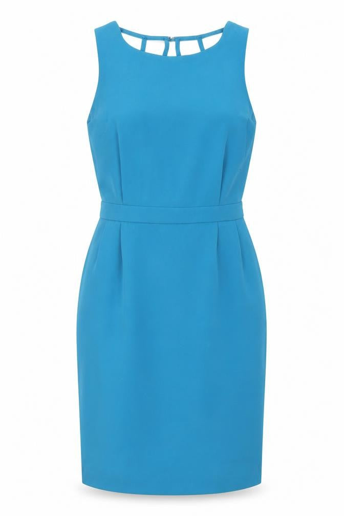 Front view of Warehouse women’s blue polyester a-line, size UK 8, round neck buckle