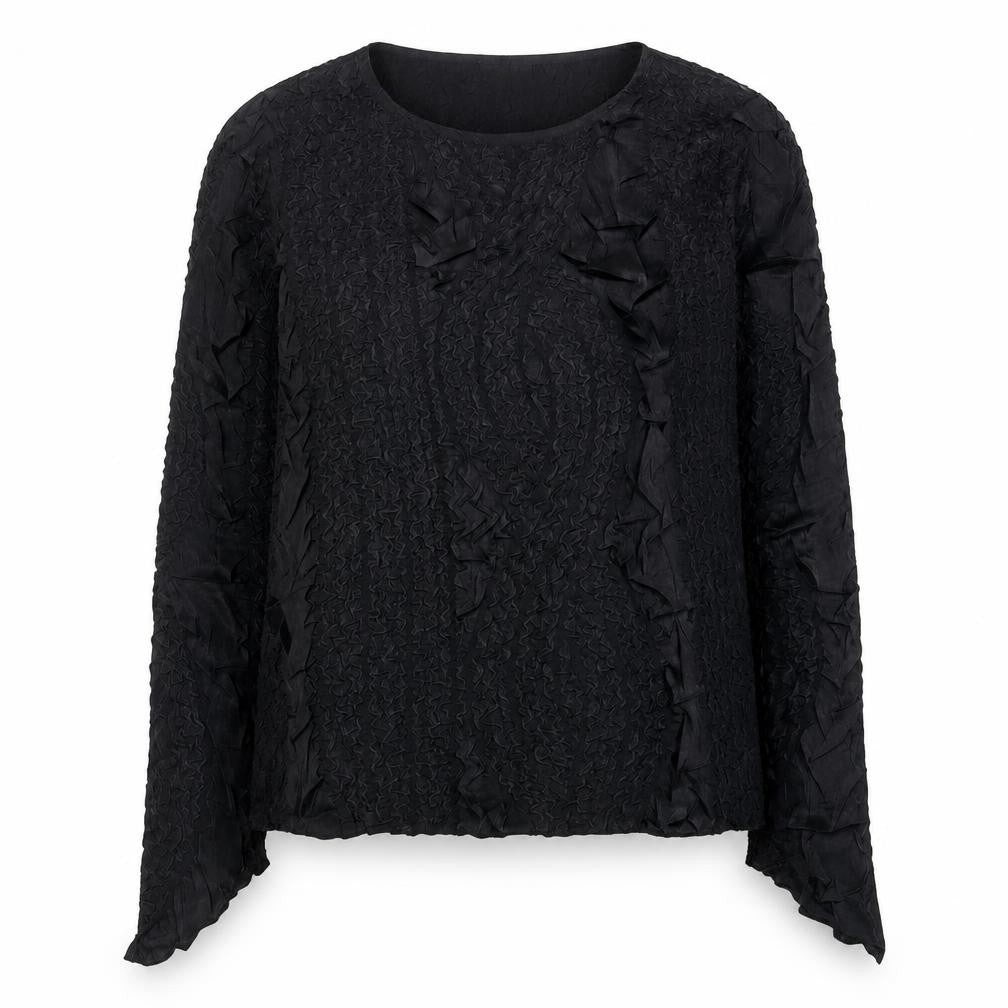 Front view of CMD women’s black polyester jersey blouse, size UK 16, boat neck - textured