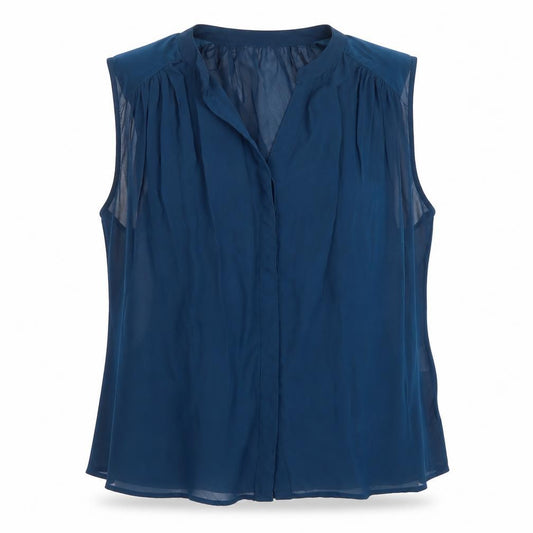 Front view of VILA women’s blue polyester basic button-up, size L, v-neck