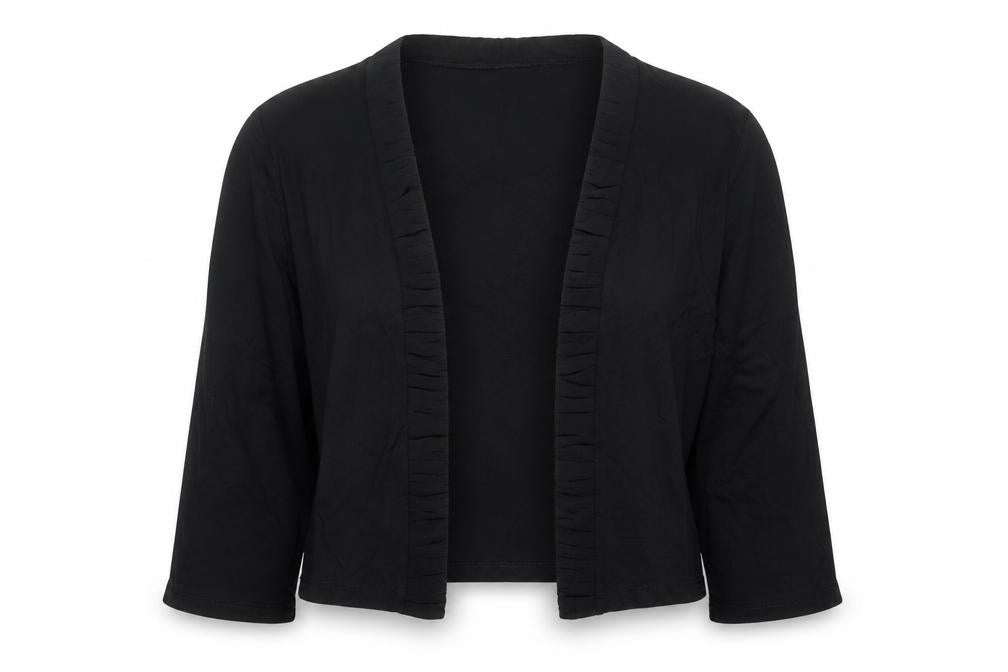 Front view of Per Una women’s black v-neck viscose cardigan jumper, size UK 14