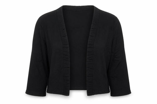 Front view of Per Una women’s black v-neck viscose cardigan jumper, size UK 14