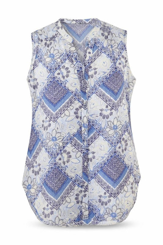 Front view of M&Co women’s blue geometric polyester tunic button-up, size UK 12, v-neck