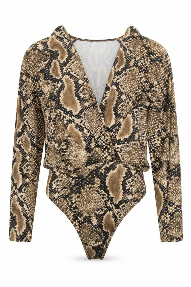 Front view of Zara women’s brown animal print polyester bodysuit one-piece, size M, button
