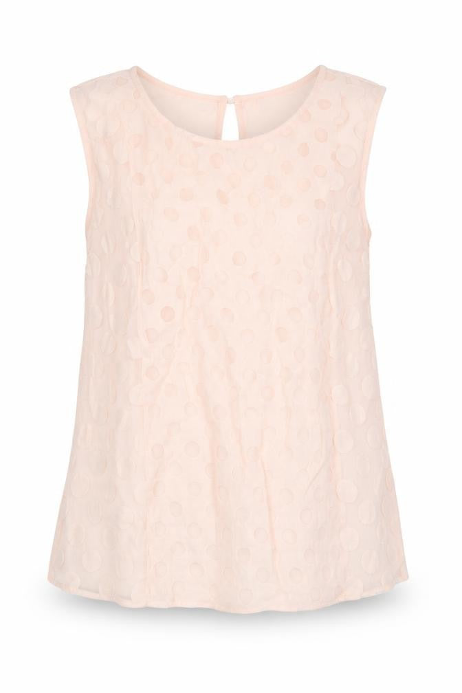 Front view of Principles women’s pink polka dot polyester jersey blouse, size UK 12, round neck