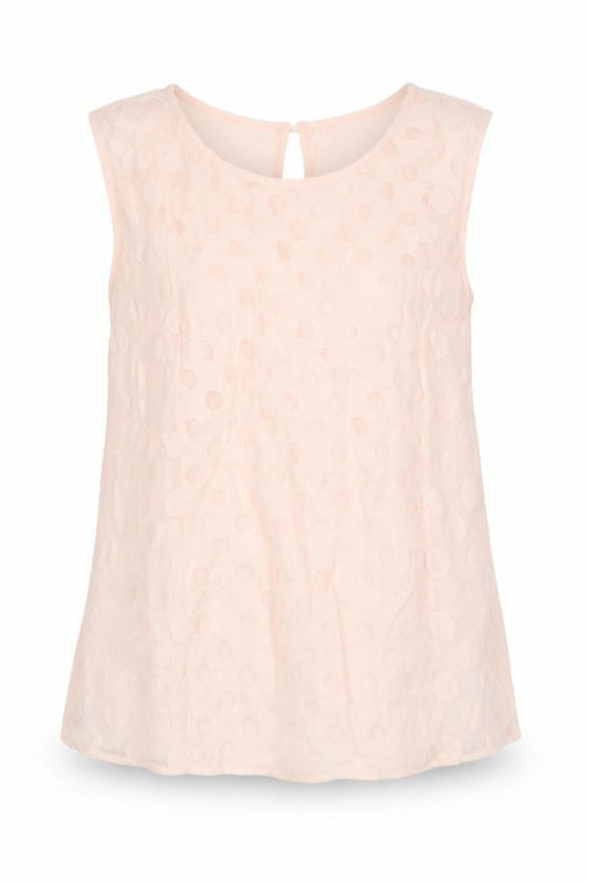 Front view of Principles women’s pink polka dot polyester jersey blouse, size UK 12, round neck
