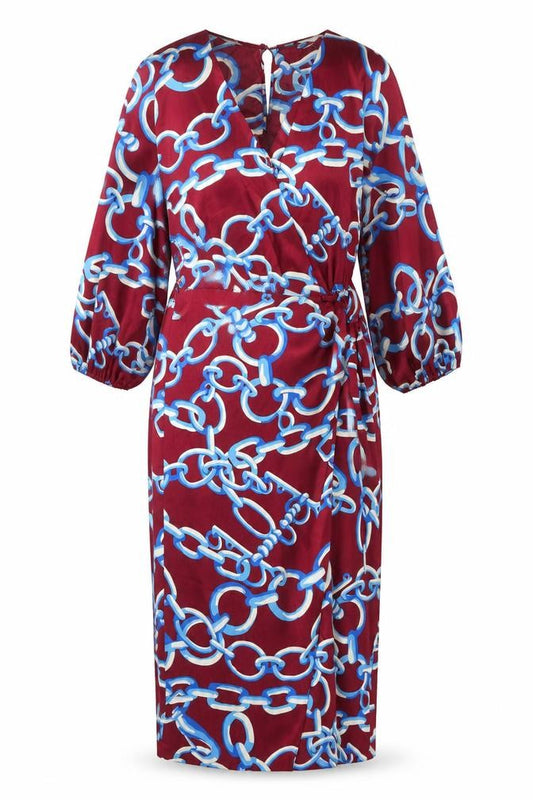 Front view of Zara women’s red geometric polyester bodycon, size XS, v-neck button