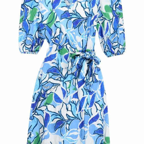 Yare Womens Blue Floral Polyester Wrap Dress Size S V-Neck Tie
