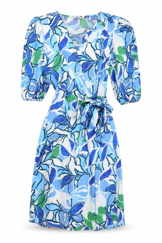 Front view of Yare women’s blue floral polyester wrap dress, size S, v-neck tie
