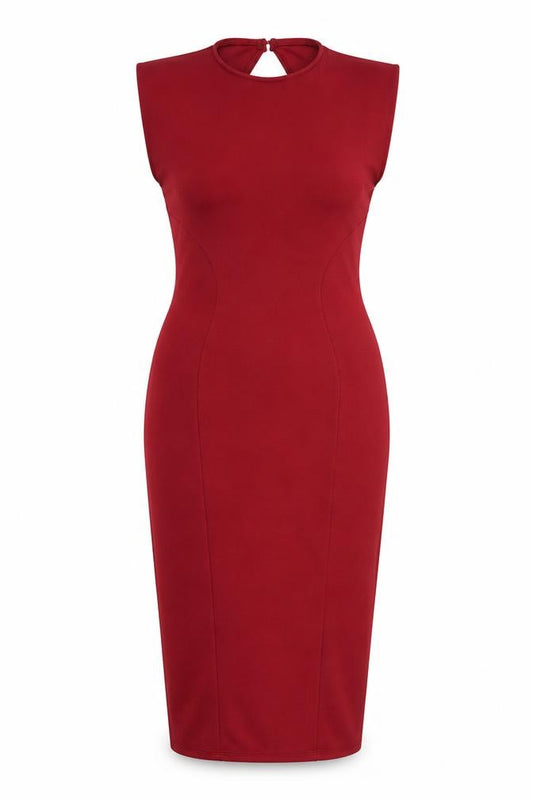 Front view of ASOS women’s red polyester bodycon, size UK 14, round neck tie