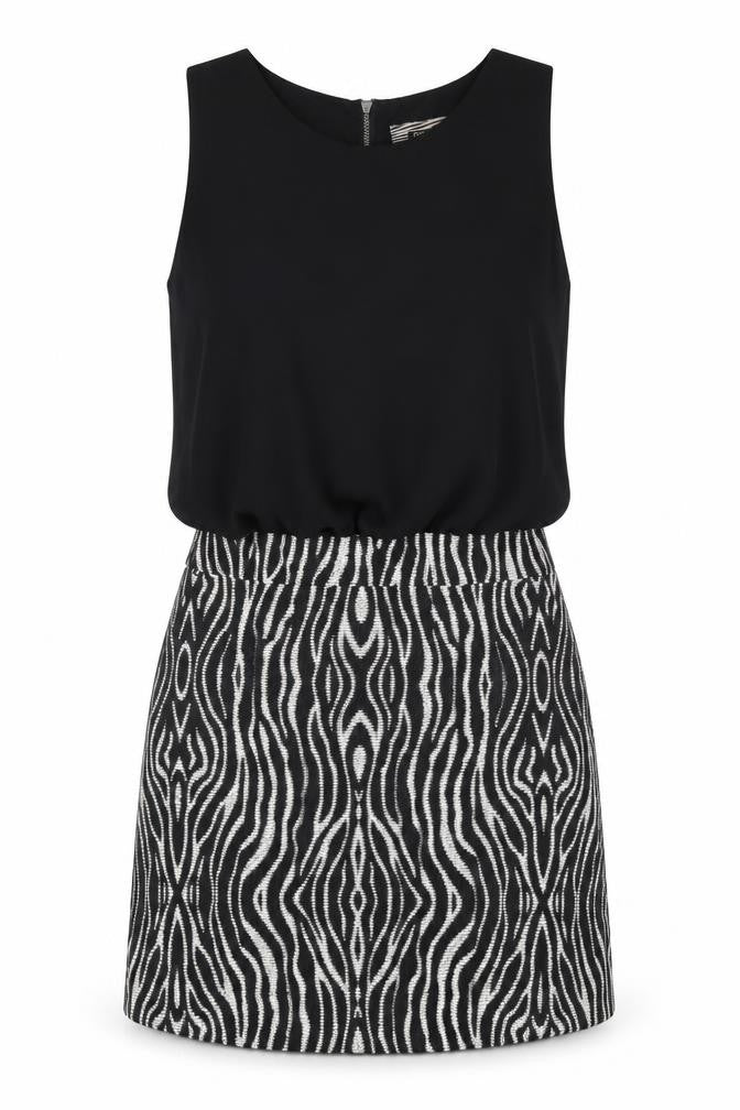 Front view of Next women’s black geometric polyester a-line, size UK 14, round neck zip
