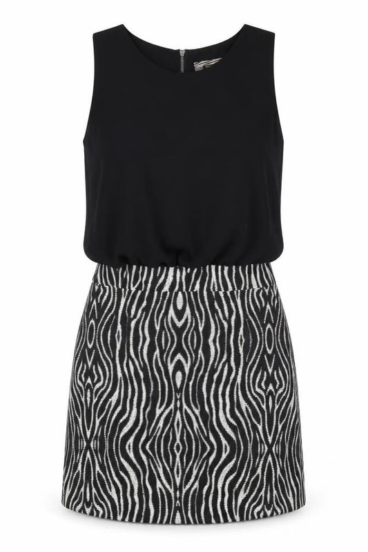 Front view of Next women’s black geometric polyester a-line, size UK 14, round neck zip