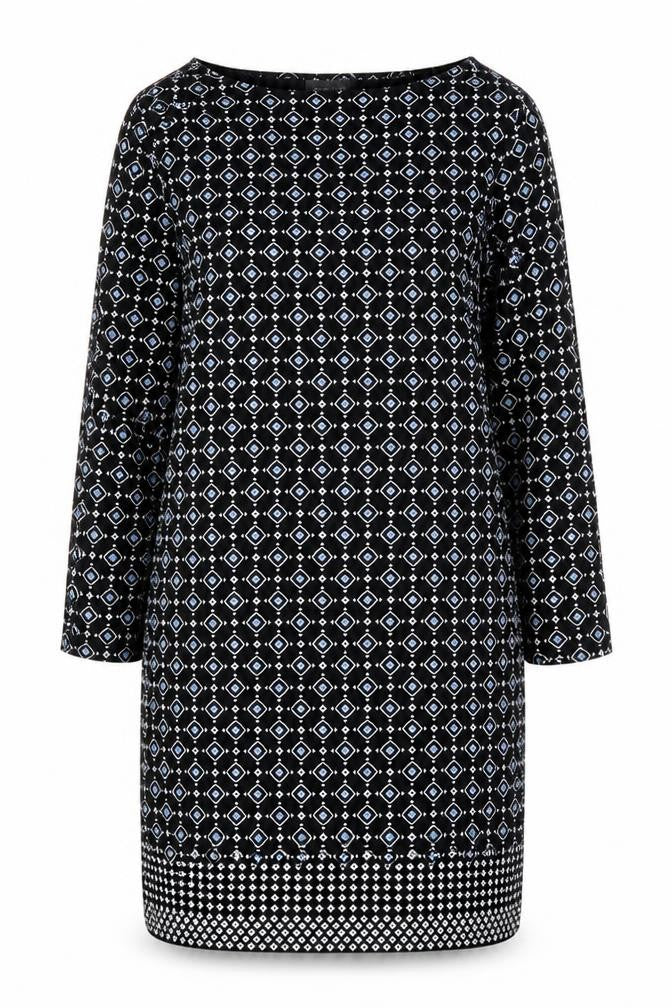 Front view of J. Jill women’s black geometric rayon shift, size XS, round neck pullover