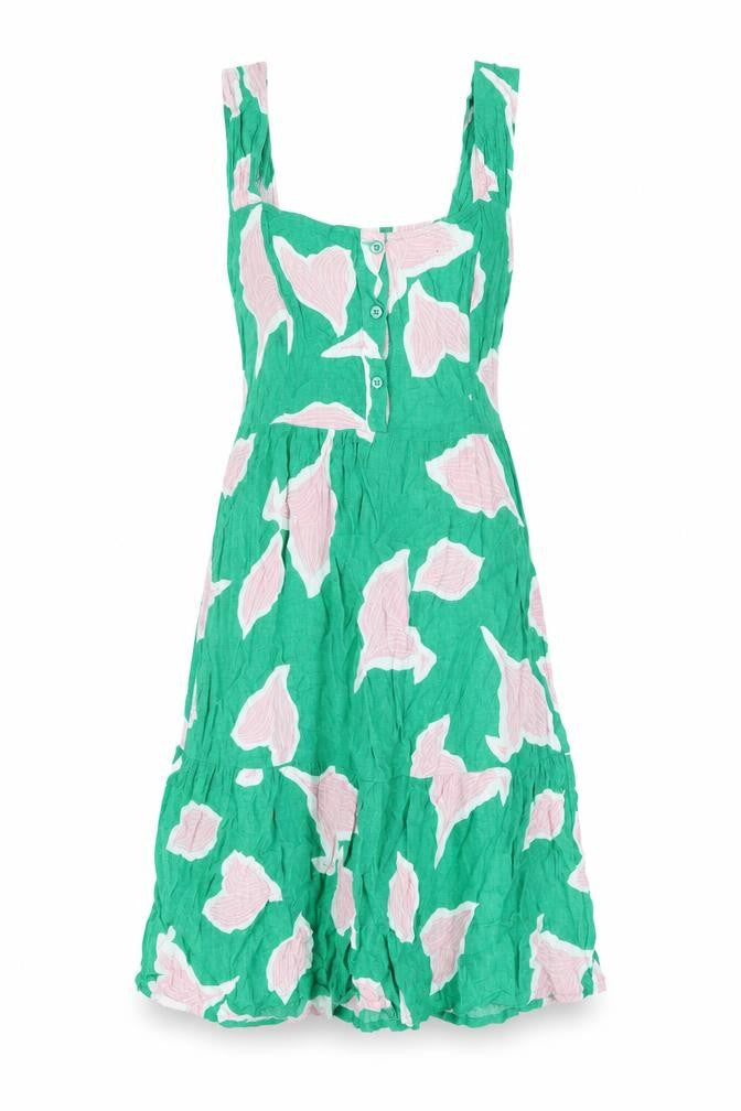 Front view of Next women’s green floral viscose fit & flare, size UK 10, square neck button - shirred back panel