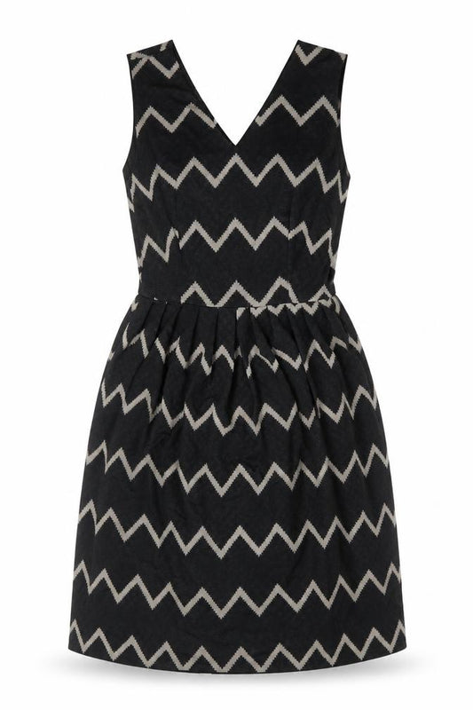 Front view of Mela London women’s black geometric polyester fit & flare, size UK 8, v-neck zip