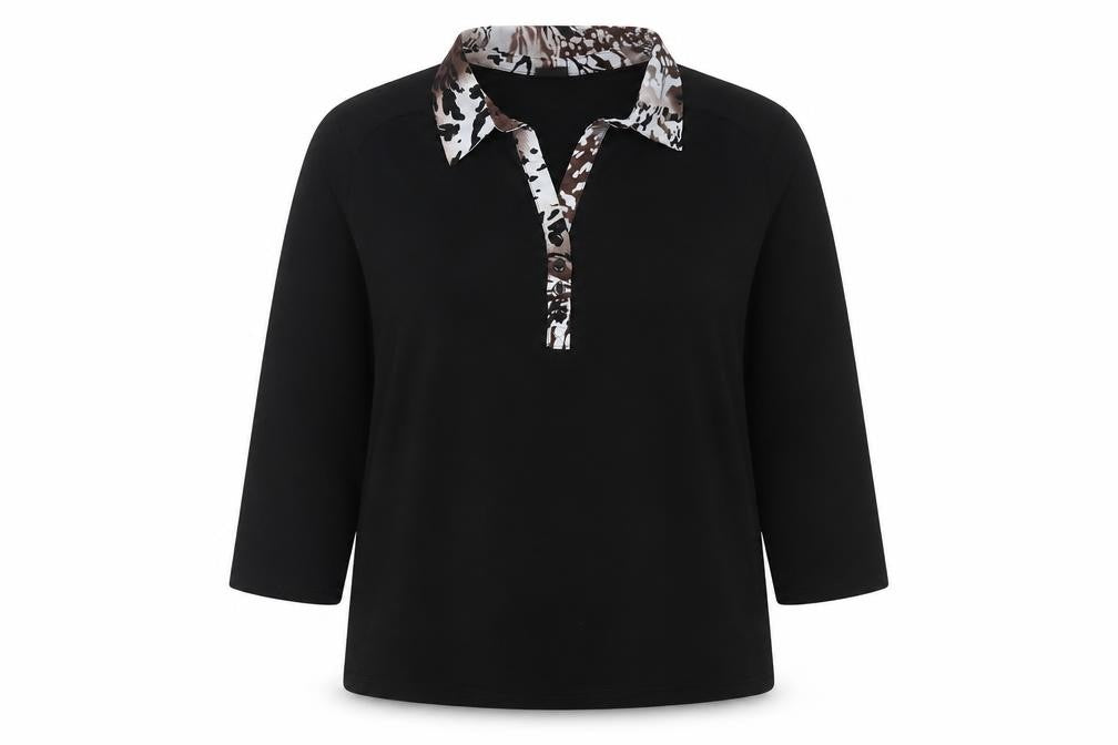 Front view of Happy D women’s black geometric polyester basic blouse, size L, collared