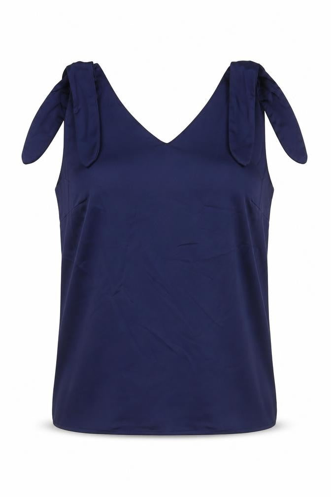 Front view of Savida women’s blue polyester basic tank, size M, v-neck