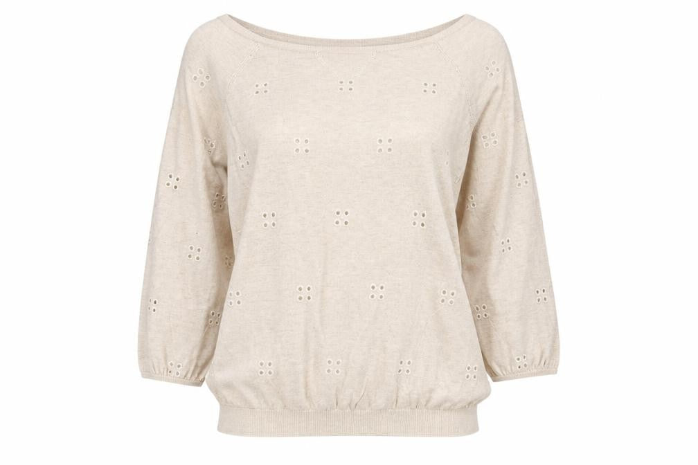 Front view of Topshop women’s beige polyester basic t-shirt, size UK 8, off the shoulder