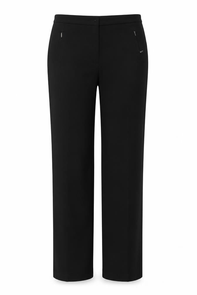 Front view of Marks & Spencer women’s black polyester trousers, size UK 8, 38-inch leg regular zip