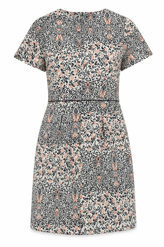 Front view of H&M women’s multicoloured floral polyester sheath, size UK 6, round neck zip