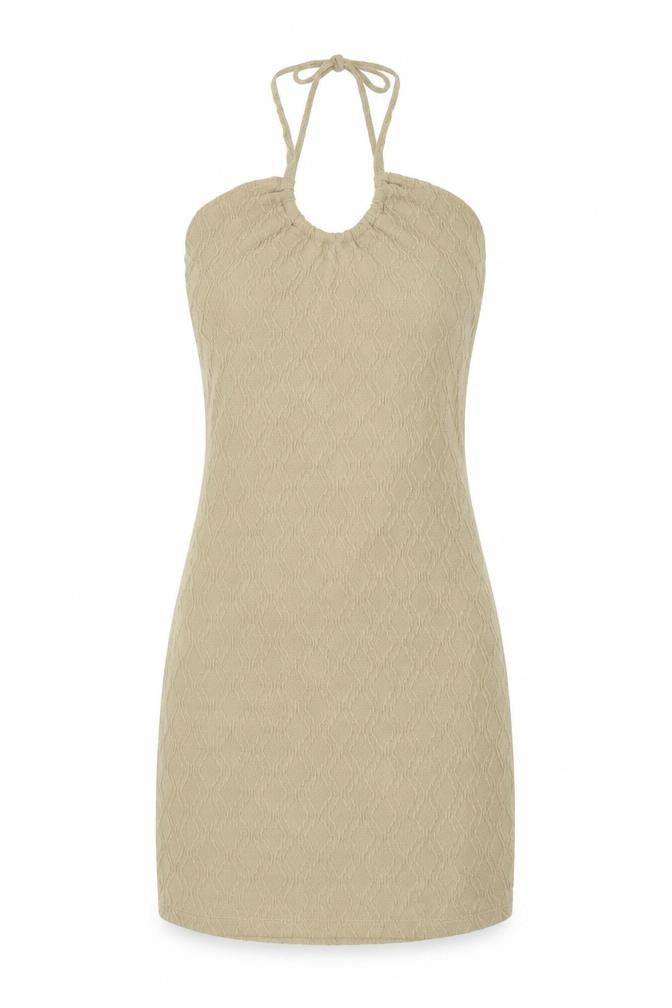 Front view of Divided women’s beige polyester bodycon, size S, halter