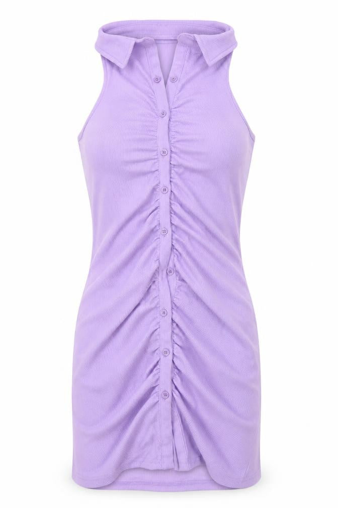 Front view of SHEIN women’s purple polyester bodycon, size M, collared button - open back