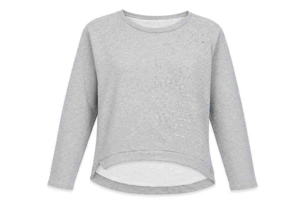 Front view of H&M women’s grey cotton pullover sweatshirt, size UK 10, pullover - distressed