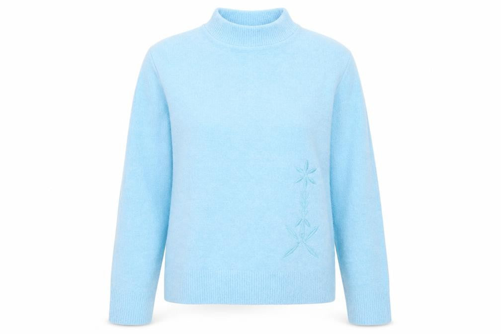 Front view of 4 Me women’s blue high neck acrylic jumper, size M