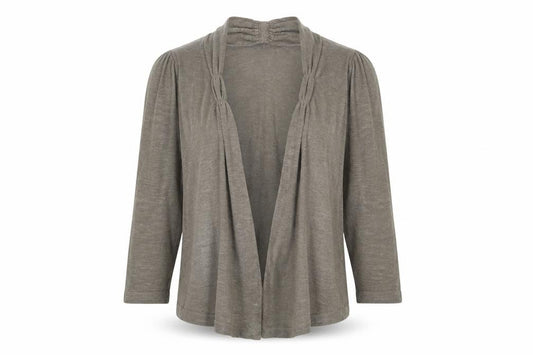 Front view of Indigo women’s green v-neck acrylic cardigan jumper, size UK 14