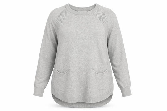 Front view of Mud Flowers women’s grey crew neck viscose jumper, size S