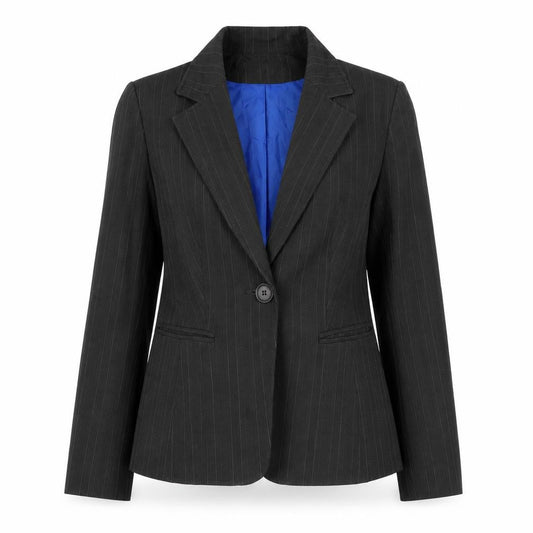 Front view of Essentials women’s grey striped jacket blazer, size UK 10, button
