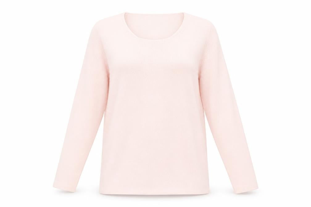 Front view of Marks & Spencer women’s pink round neck acrylic jumper, size UK 10