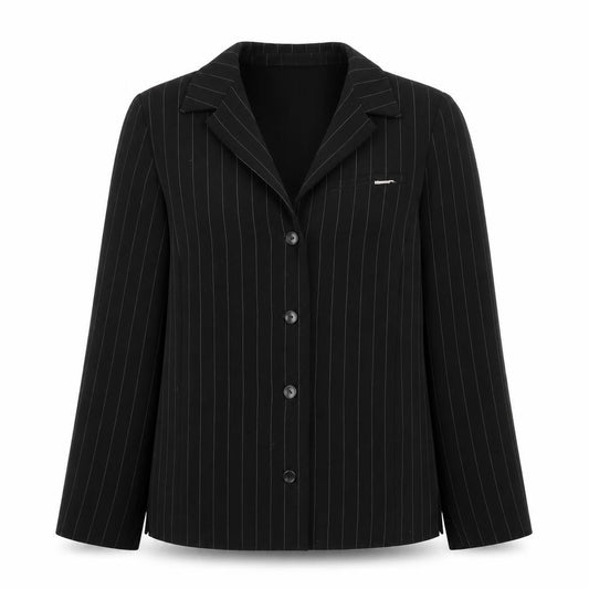 Front view of Marcona women’s black striped jacket blazer, size UK 10, button