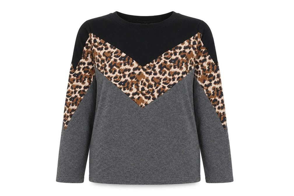Front view of SHEIN women’s grey colourblock cotton pullover sweatshirt, size M, pullover - leopard print