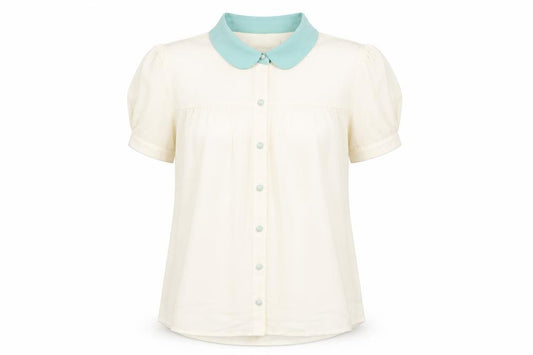 Front view of Darimeya women’s ivory polyester basic button-up, size S, collared